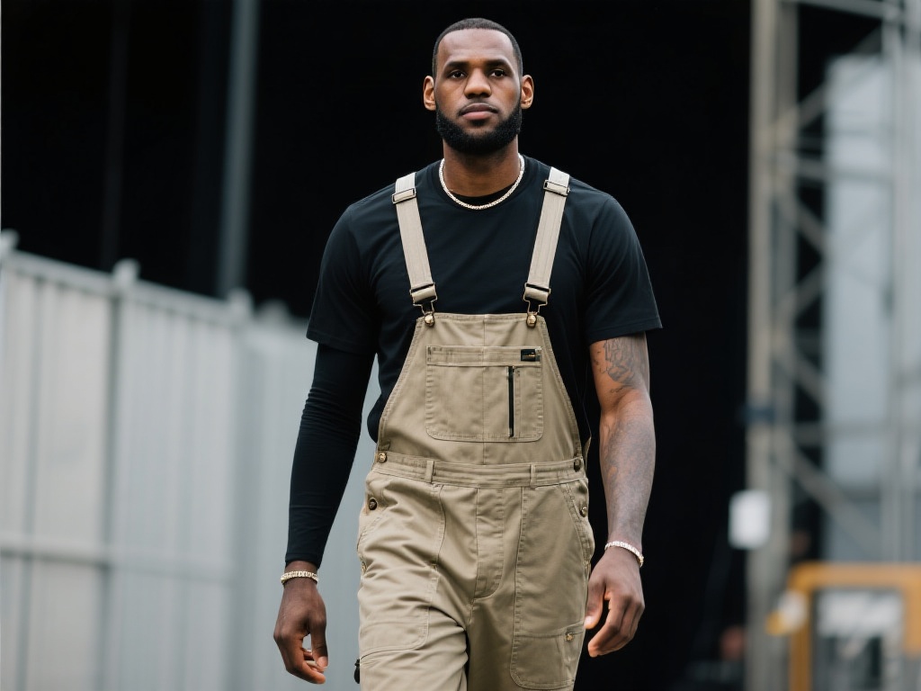 詹姆斯身穿背带裤,脚踩潮流黑粉AF1帅气亮相球员通道 背带裤,这一早先在工装领域独领风骚的单品